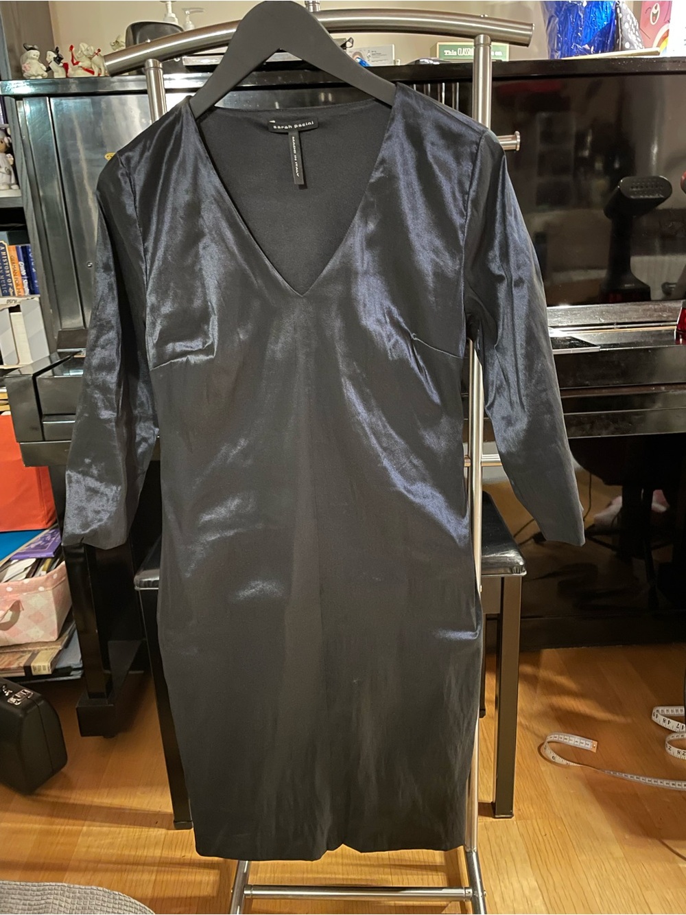 Sarah Pacini Black Satin V-Neck Sheath Dress - Made in Italy